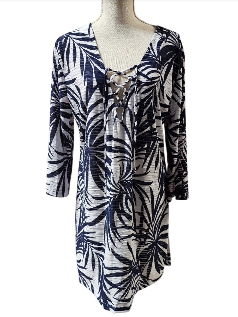 Portocruz Navy & White Palm Print Lace-Up Swim Cover-Up XL